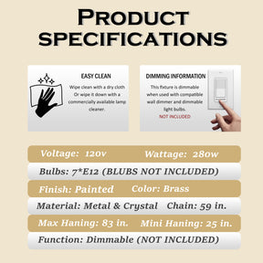 28” 7-Light Mid-Century Statement Crystal Chandelier Painted Brass Vintage Glam Pendant Light Adjustable Ceiling Fixture for Dining Room Living Room