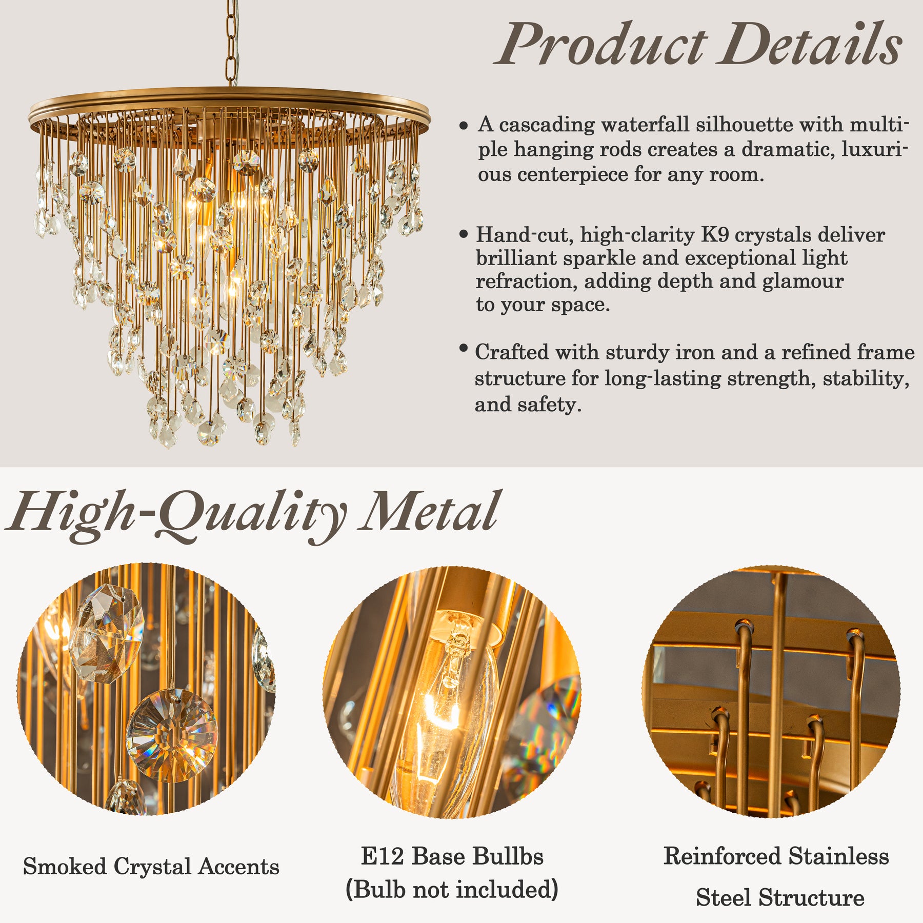 28” 7-Light Mid-Century Statement Crystal Chandelier Painted Brass Vintage Glam Pendant Light Adjustable Ceiling Fixture for Dining Room Living Room
