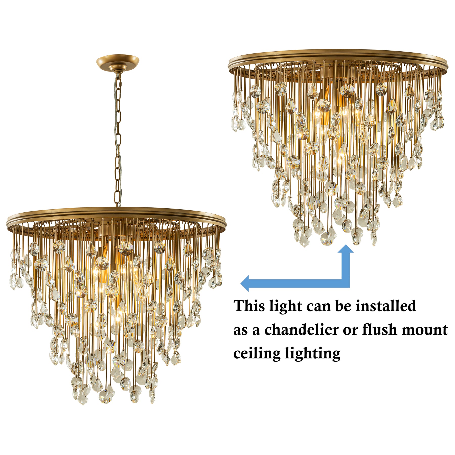 28” 7-Light Mid-Century Statement Crystal Chandelier Painted Brass Vintage Glam Pendant Light Adjustable Ceiling Fixture for Dining Room Living Room