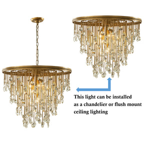 28” 7-Light Mid-Century Statement Crystal Chandelier Painted Brass Vintage Glam Pendant Light Adjustable Ceiling Fixture for Dining Room Living Room