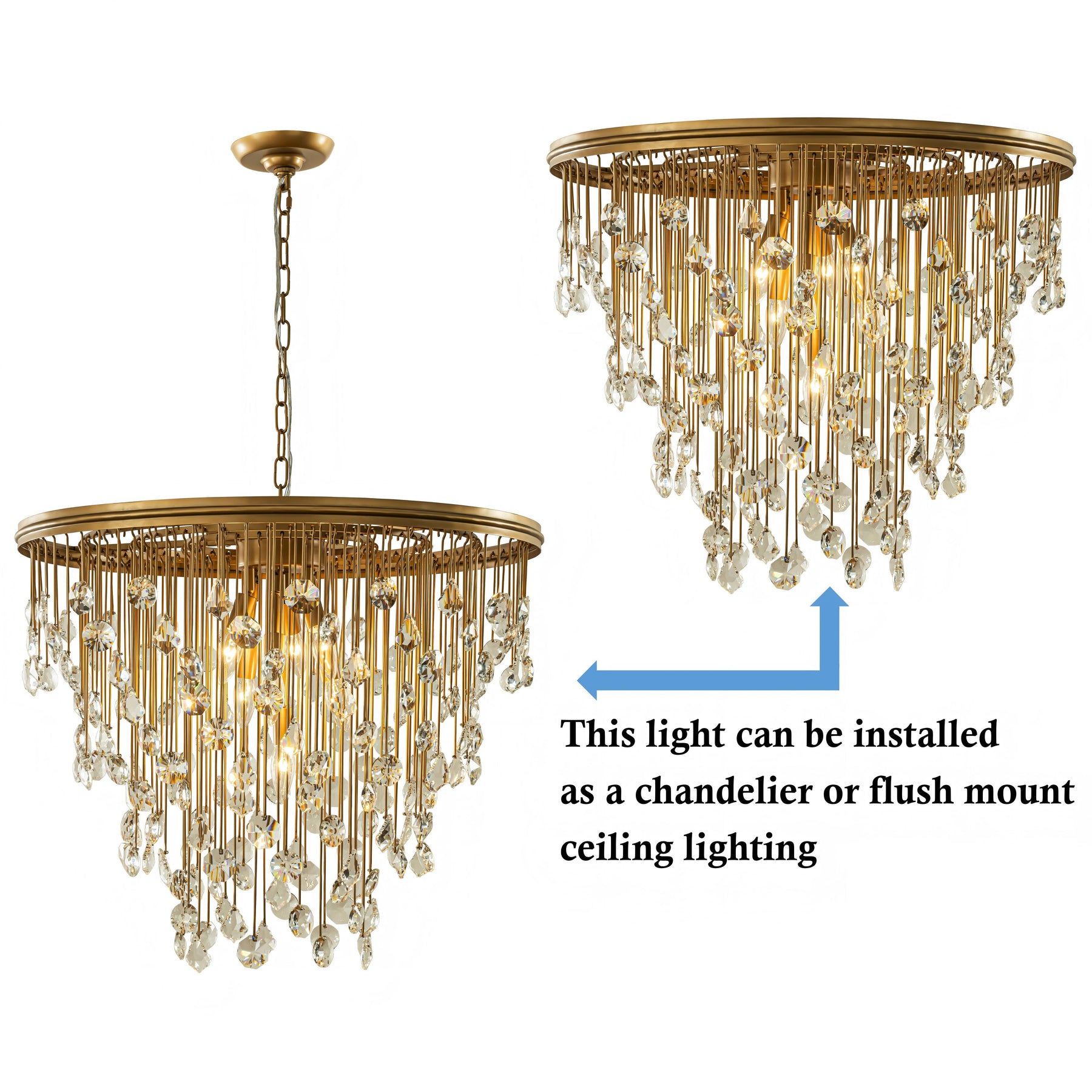 28” 7-Light Mid-Century Statement Crystal Chandelier Painted Brass Vintage Glam Pendant Light Adjustable Ceiling Fixture for Dining Room Living Room