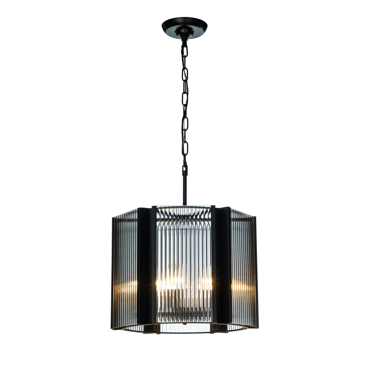 OPEN BOX- Lantern Drum Chandelier With Clear Fluted Glass Panels Shade