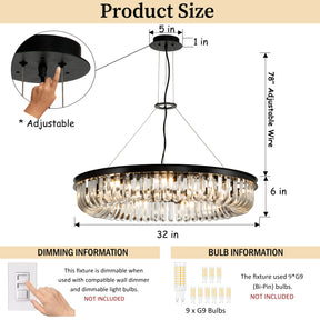 32'' Contemporary Glam U-Shaped Crystal Black Circular Chandelier