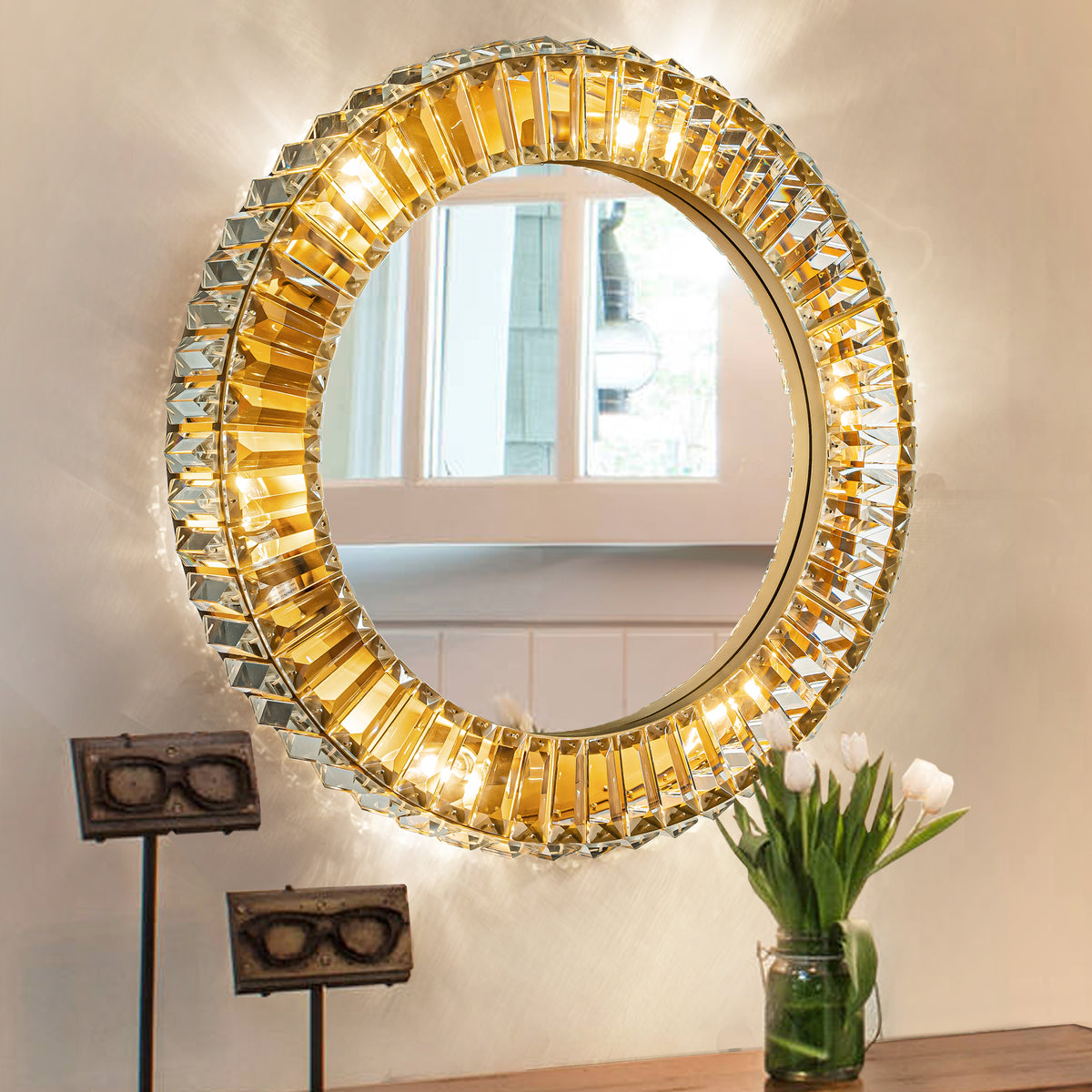 Antique Gold Crystal Wall Sconce with Mirror