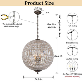 5-Light 24'' French Vintage Handcrafted Crystal Globe Chandelier Antique Bronze Mid-Century Pendant Light Dimmable For Dining Room Living Room or Foyer