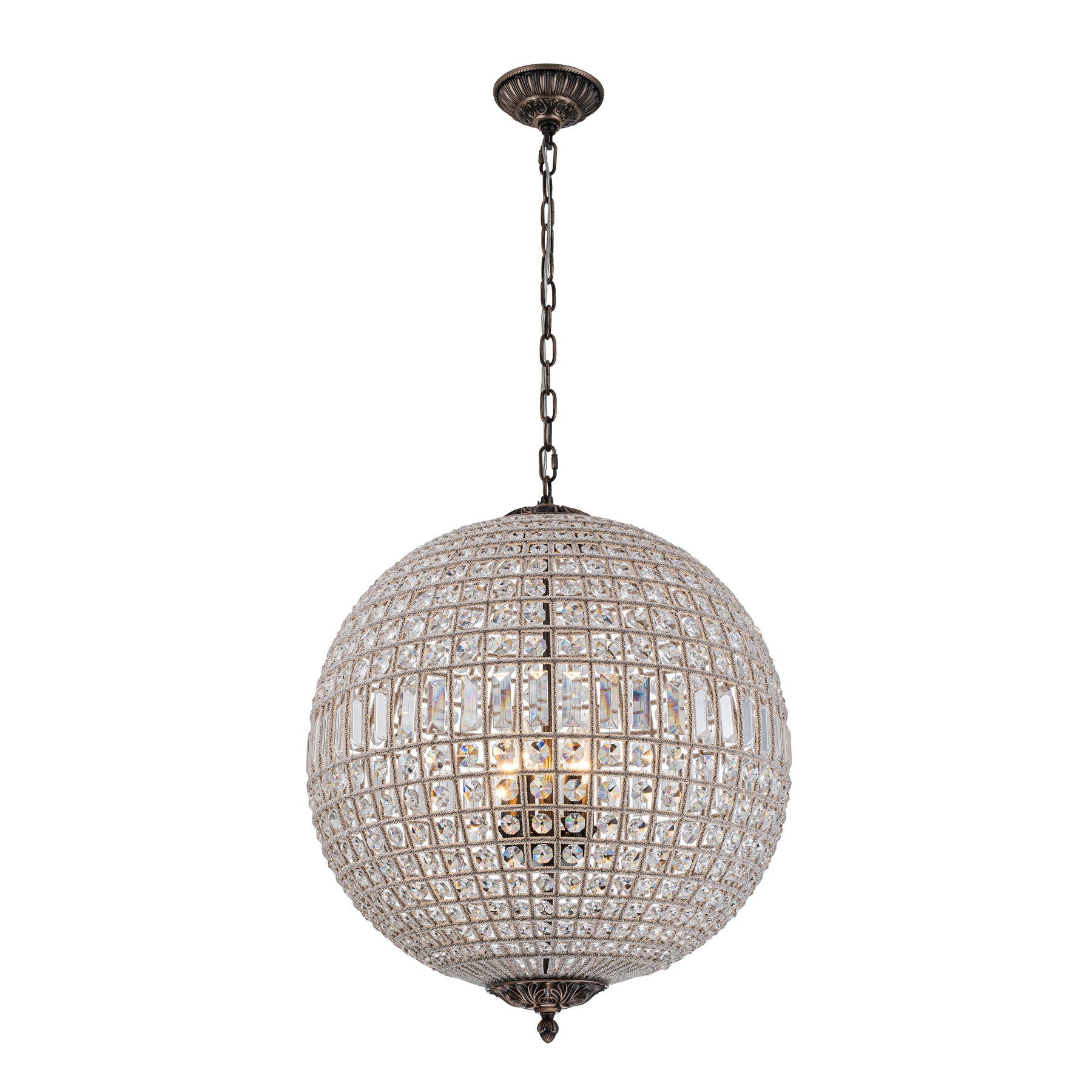 5-Light 24'' French Vintage Handcrafted Crystal Globe Chandelier Antique Bronze Mid-Century Pendant Light Dimmable For Dining Room Living Room or Foyer