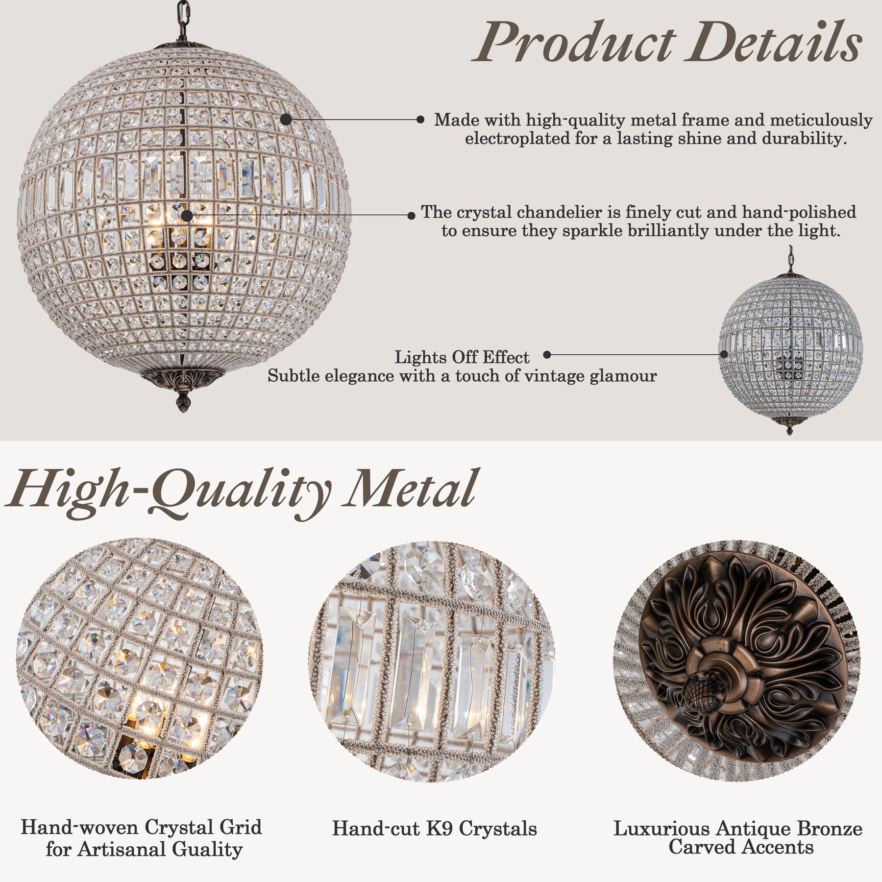 5-Light 24'' French Vintage Handcrafted Crystal Globe Chandelier Antique Bronze Mid-Century Pendant Light Dimmable For Dining Room Living Room or Foyer