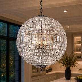 5-Light 24'' French Vintage Handcrafted Crystal Globe Chandelier Antique Bronze Mid-Century Pendant Light Dimmable For Dining Room Living Room or Foyer