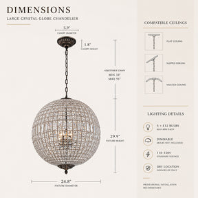 5-Light 24'' French Vintage Handcrafted Crystal Globe Chandelier Antique Bronze Mid-Century Pendant Light Dimmable For Dining Room Living Room or Foyer