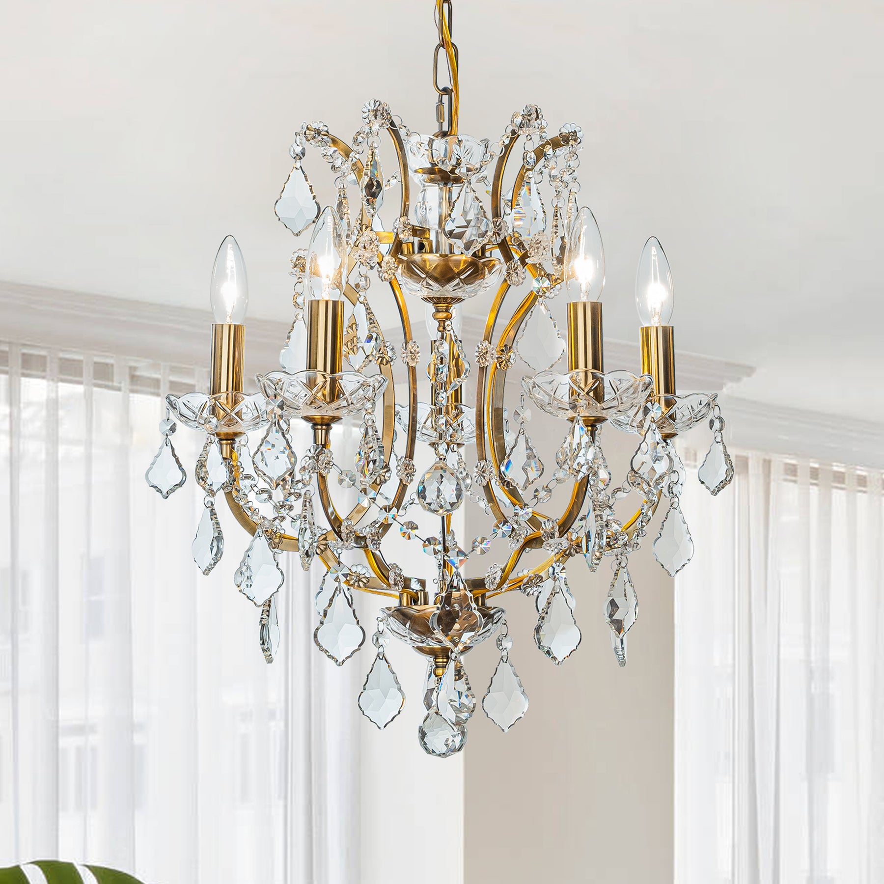 OpenBox 18'' 5-Light Classic/Traditional Lighting Fixture Antique Gold Ornate Crystal Chandelier