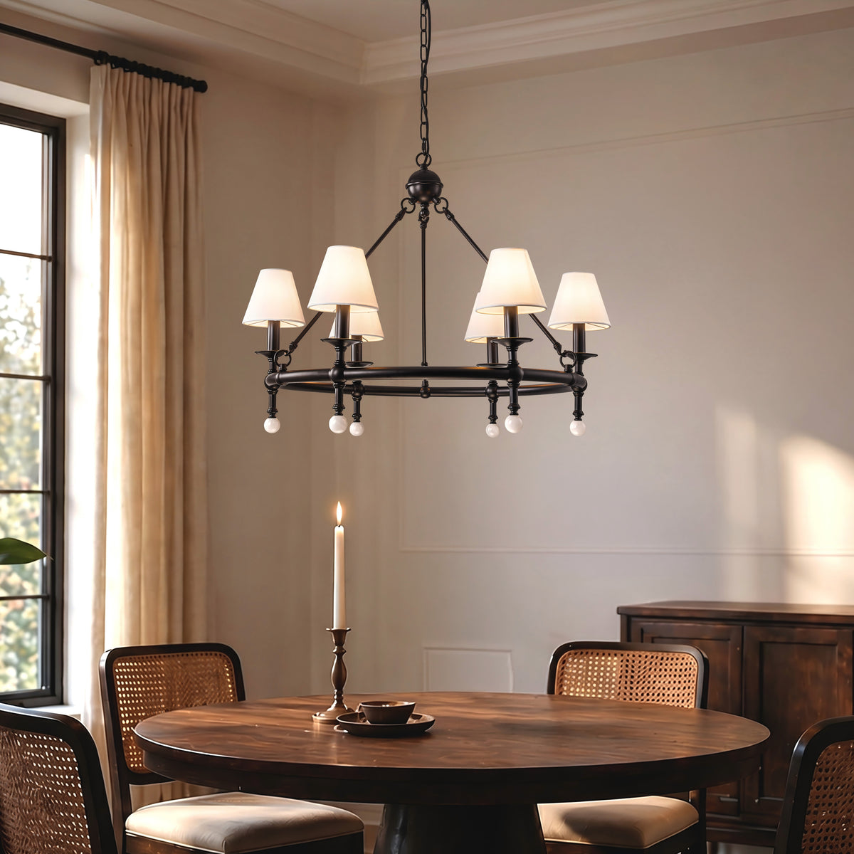 34" Black 6-Light Unique Statement Chandelier Transision Pendant Lighting with White Fabric Shades and Alabaster Finials for Dining Room Kitchen Island