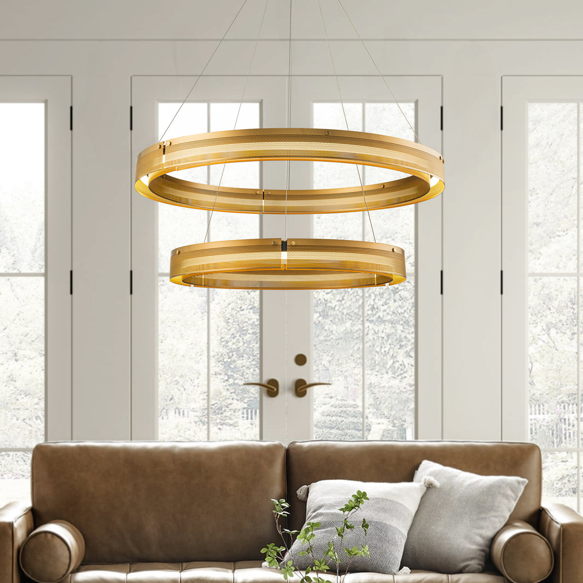 Open Box 2 Light 32'' Wide Round Antique Gold Modern Double Ring LED Chandelier For Living Room