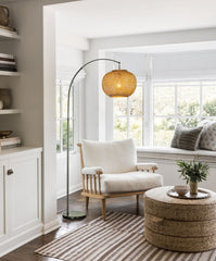 75" 1-Light Black Arc Floor Lamp with Hand-woven Bamboo Shade and Marble Base