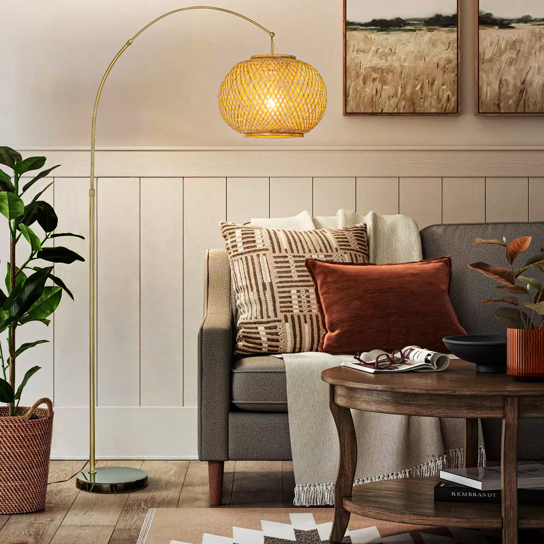 OpenBox 75" 1-Light  Bronze Arc Floor Lamp with Hand-woven Bamboo Shade and Black Marble Base