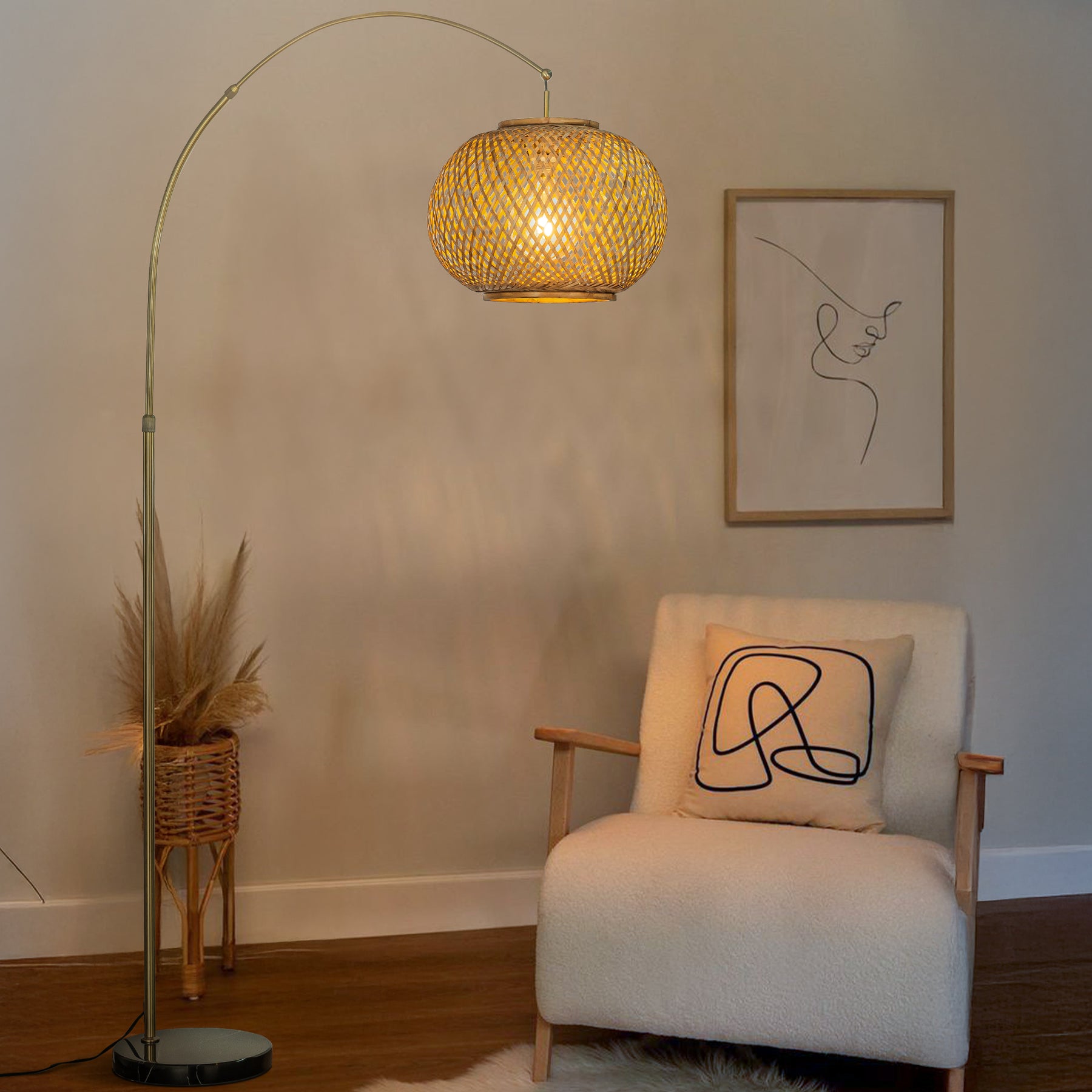 OpenBox 75" 1-Light  Bronze Arc Floor Lamp with Hand-woven Bamboo Shade and Black Marble Base
