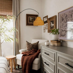 75" 1-Light Matte Black Arc Floor Lamp with Brown Rattan Shade and Marble Base