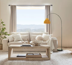 75" 1-Light Matte Black Arc Floor Lamp with Brown Rattan Shade and Marble Base
