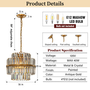 4-Light Modern Luxury 2-Tie Dimmable Antique Gold Round Crystal Chandelier For Dining Room