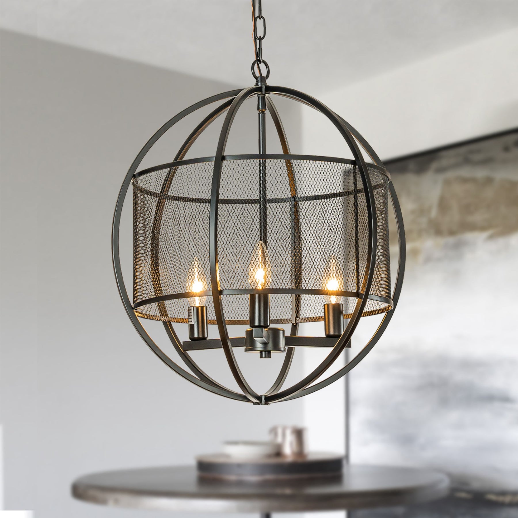 Industrial Globe Chandelier with Caged Metal Shade