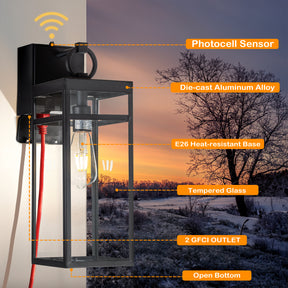 Dusk to Dawn Outdoor Wall Lantern with GFCI Outlets
