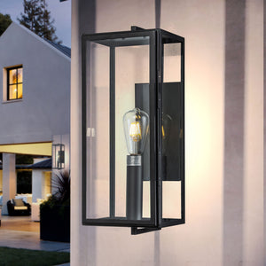 1 Light H20 in. Matte Black Outdoor Wall Lantern with Tempered Clear Glass Shade with No Buld Included