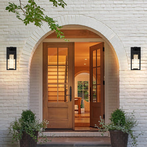 LED Outdoor Black Dusk-to-Dawn Wall Lantern with Seeded Glass and GFCI Outlets