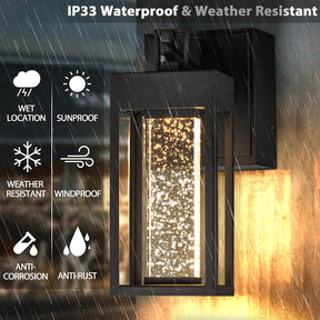 LED Outdoor Black Dusk-to-Dawn Wall Lantern with Seeded Glass and GFCI Outlets