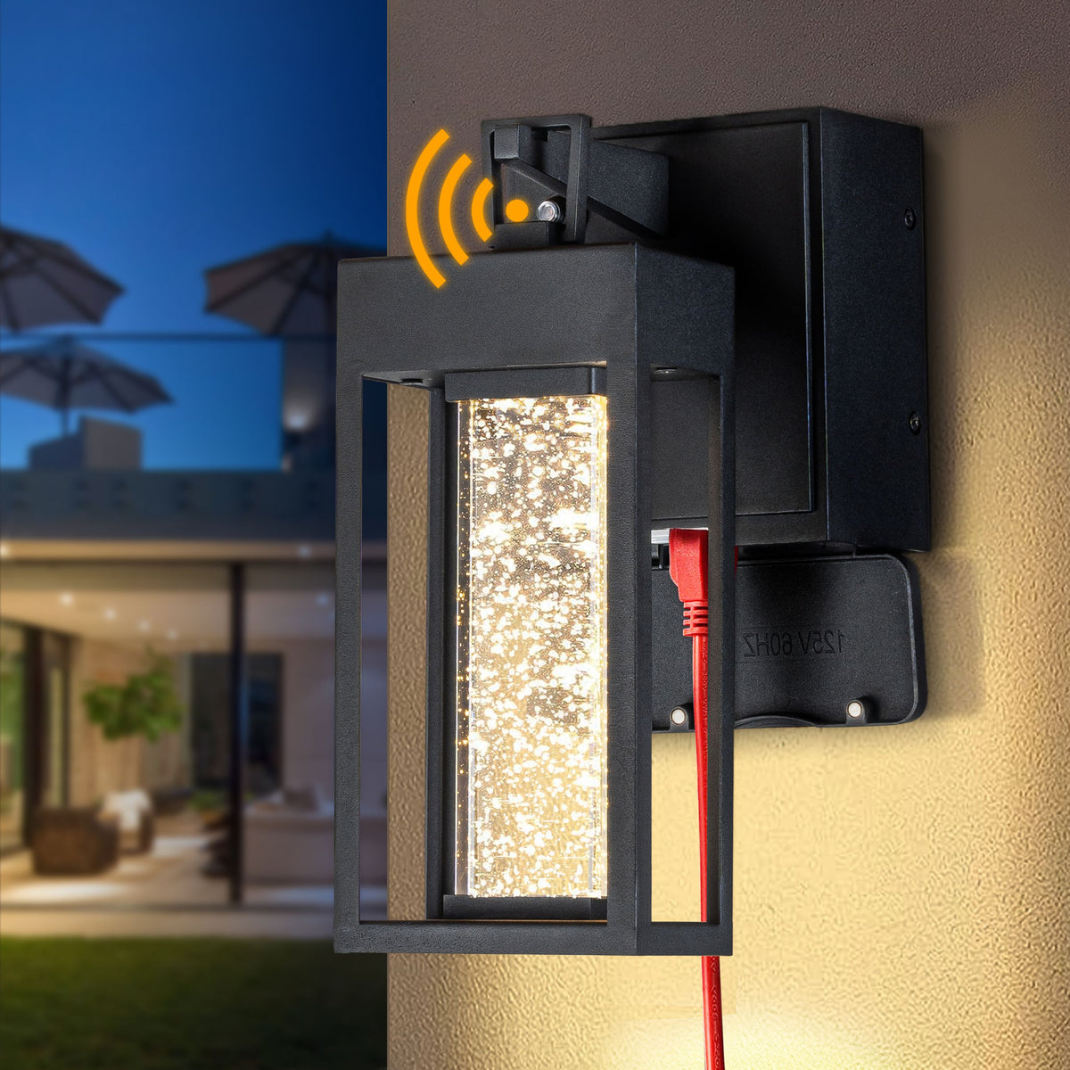LED Outdoor Black Dusk-to-Dawn Wall Lantern with Seeded Glass and GFCI Outlets