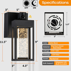 LED Outdoor Black Dusk-to-Dawn Wall Lantern with Seeded Glass and GFCI Outlets