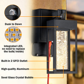 LED Outdoor Black Dusk-to-Dawn Wall Lantern with Seeded Glass and GFCI Outlets