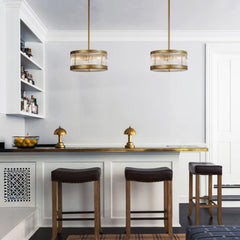 3-Light Mid-Century Modern Drum Chandlier in antique gold with Ribbed Glass Cylinder Shade