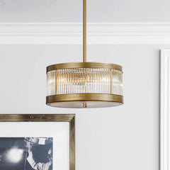 3-Light Mid-Century Modern Drum Chandlier in antique gold with Ribbed Glass Cylinder Shade