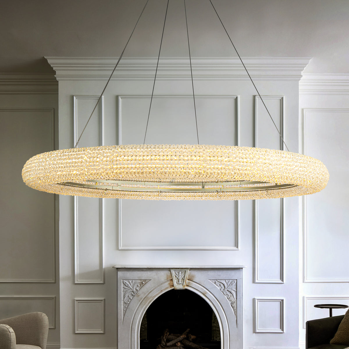 41'' Modern Silver Round LED Intergrated Crystal Chandelier Dimmable Glam Halo Hanging Light For Dining Room Living Room