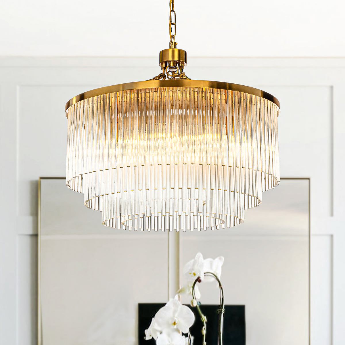 Mid-century Modern 8-Lights 3-Tier Glam Antique Brass Round Glass Fringe Chandelier With Clear Glass Rods