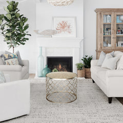 W22" Natural Capiz Seashell Tabletop French Distressed Metal Single Round Coffee Table in Silver for Living Room