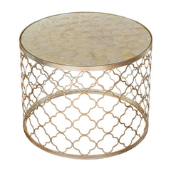 W22" Natural Capiz Seashell Tabletop French Distressed Metal Single Round Coffee Table in Silver for Living Room