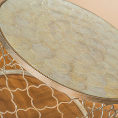 W22" Natural Capiz Seashell Tabletop French Distressed Metal Single Round Coffee Table in Silver for Living Room