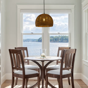 1-Light 12" Farmhouse Brown and Black Natural Rattan Dome Pendant Light with Handmade Bamboo Shade for Kitchen Island