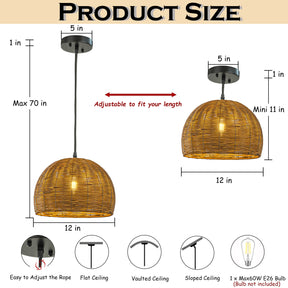 1-Light 12" Farmhouse Brown and Black Natural Rattan Dome Pendant Light with Handmade Bamboo Shade for Kitchen Island