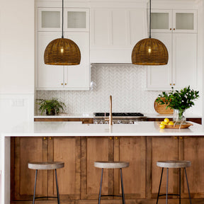 1-Light 12" Farmhouse Brown and Black Natural Rattan Dome Pendant Light with Handmade Bamboo Shade for Kitchen Island