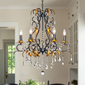 French Style Crystal Chandelier in Matte Black and Antique Gold