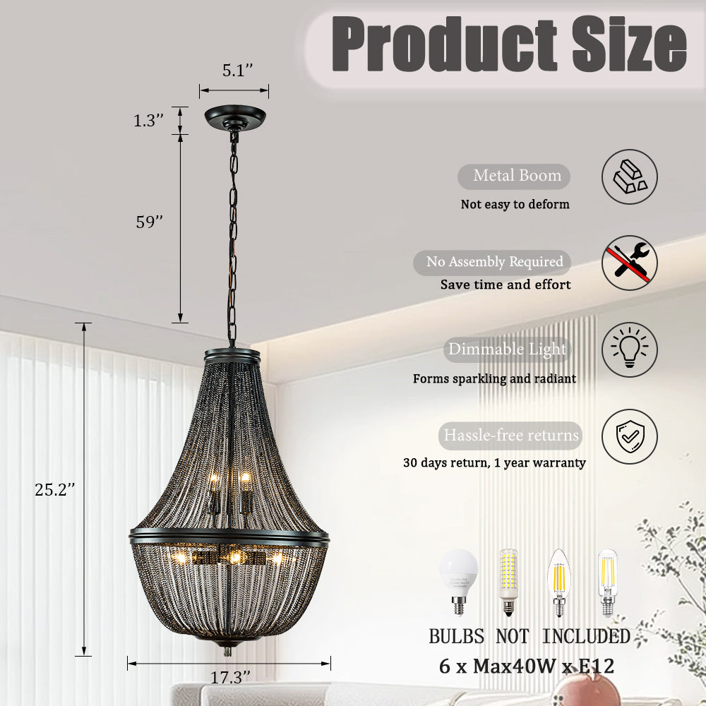 OpenBox Modern And Contemporary 6-Light Matte Black French Empire Chainmail Chandelier