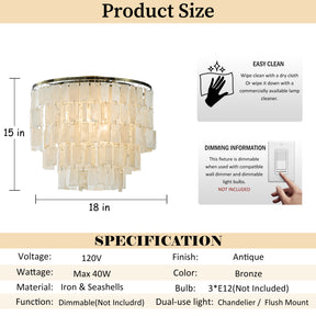 3-Light 18" Rustic Coastal Capiz Tiered Flush Mount Bronze Farmhouse Natural Seashell Ceiling Light For Dining Room