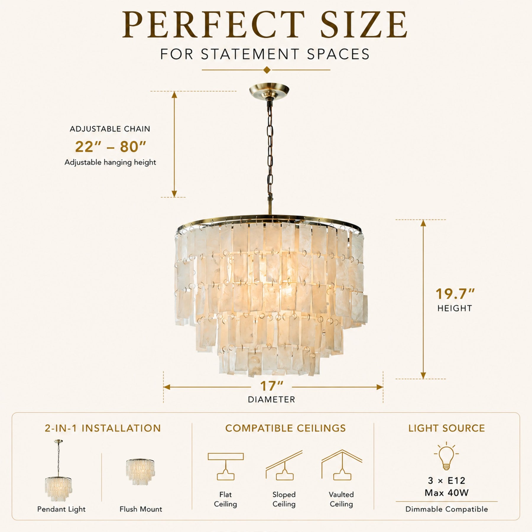 3-Light 18" 3-Tier Elegant Coastal Capiz Chandelier In Bronze Farmhouse Natural Seashell Light Fixtures For Dining Room