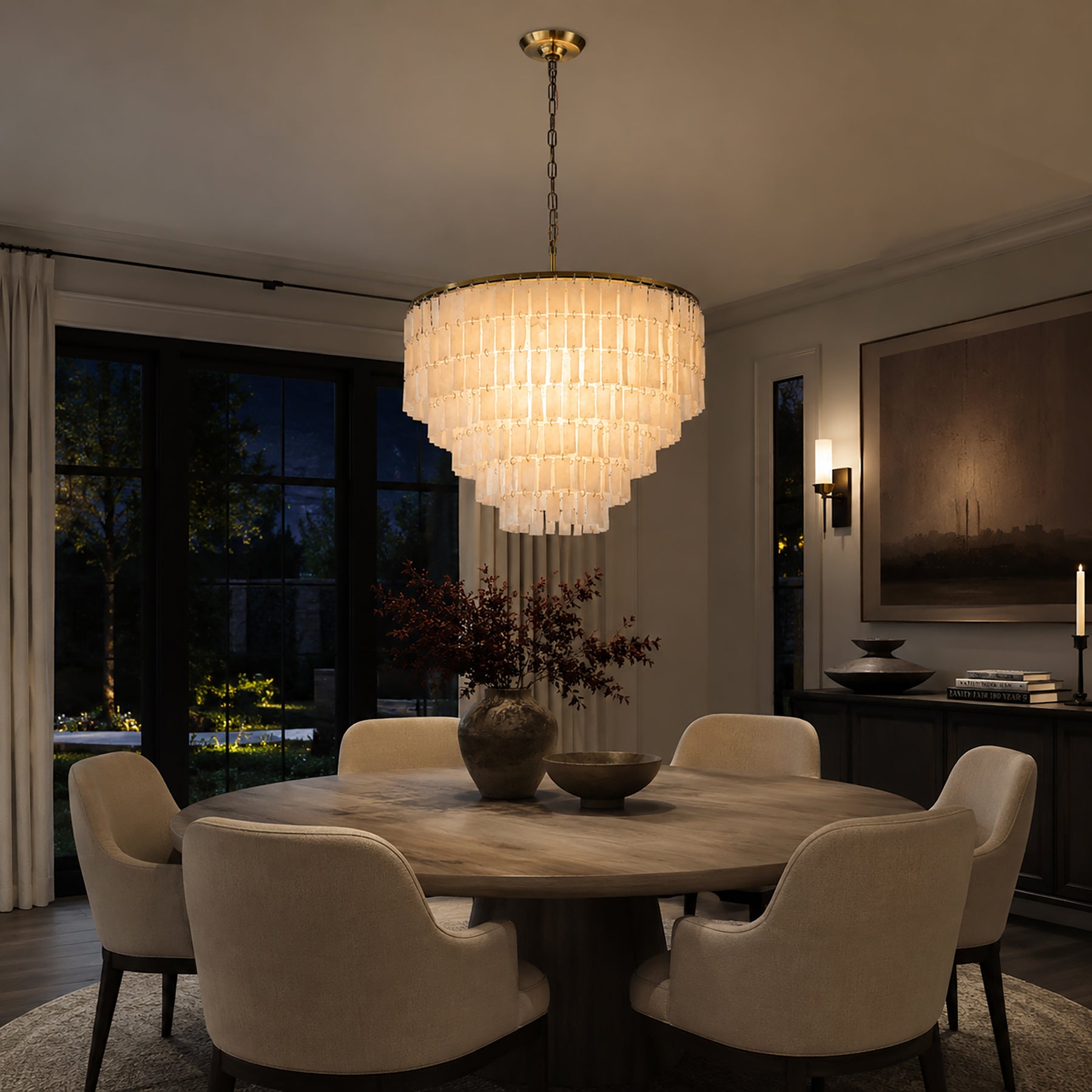 6-Light 23.6" 5-Tier Elegant Coastal Capiz Chandelier In Bronze Farmhouse Natural Seashell Light Fixtures For Dining Room