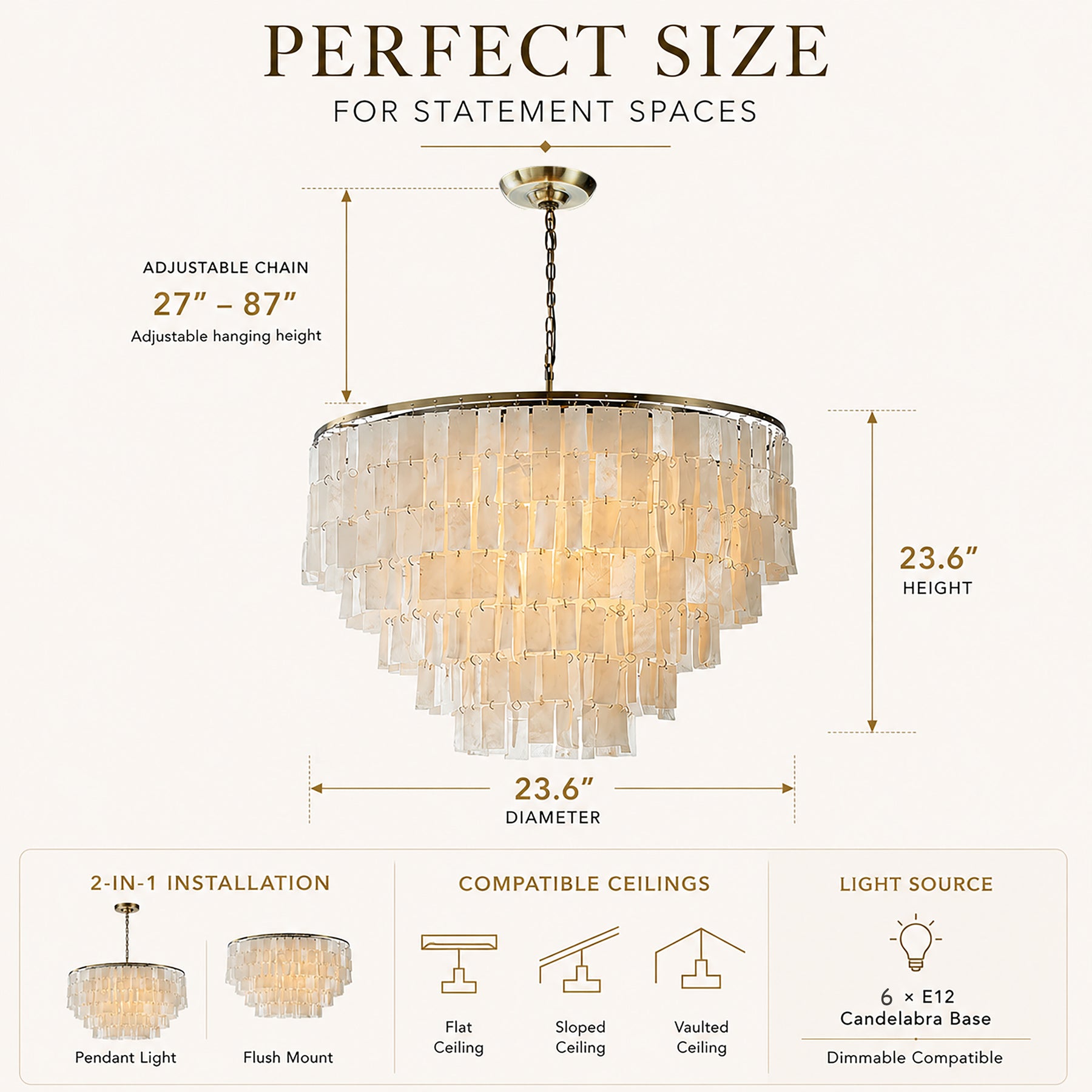 6-Light 23.6" 5-Tier Elegant Coastal Capiz Chandelier In Bronze Farmhouse Natural Seashell Light Fixtures For Dining Room