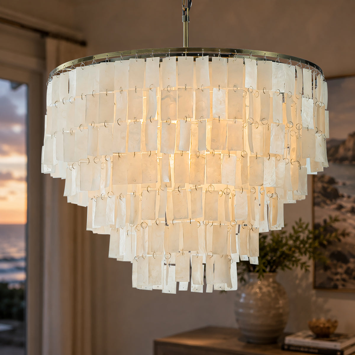 6-Light 23.6" 5-Tier Elegant Coastal Capiz Chandelier In Bronze Farmhouse Natural Seashell Light Fixtures For Dining Room