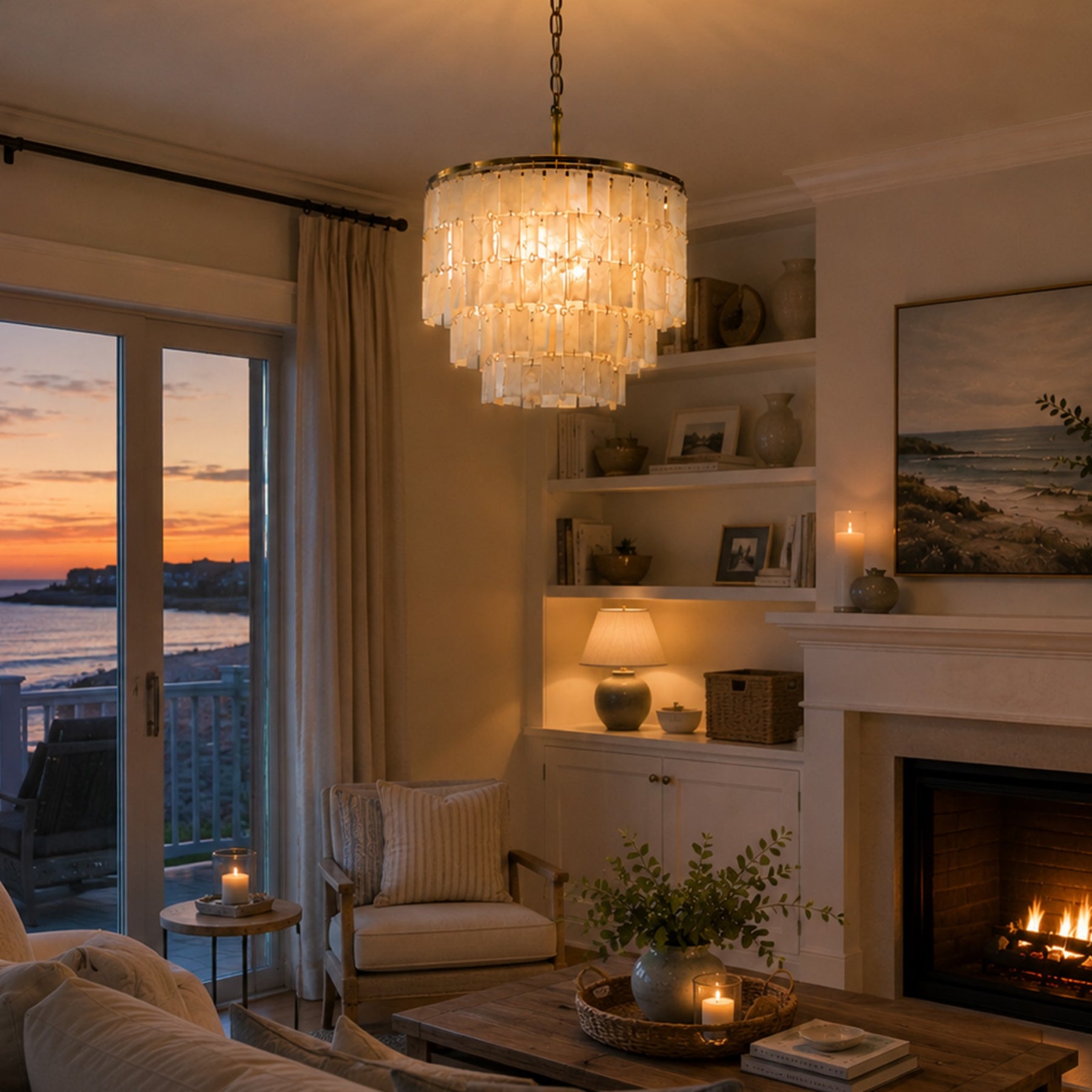 3-Light 18" 3-Tier Elegant Coastal Capiz Chandelier In Bronze Farmhouse Natural Seashell Light Fixtures For Dining Room