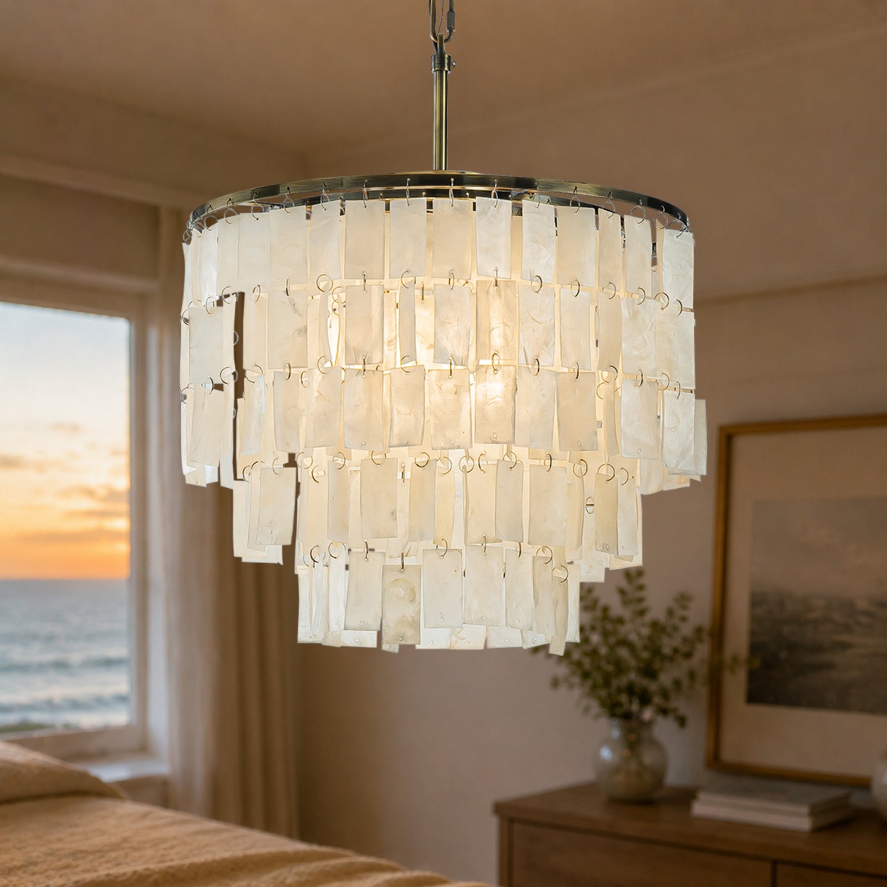 3-Light 18" 3-Tier Elegant Coastal Capiz Chandelier In Bronze Farmhouse Natural Seashell Light Fixtures For Dining Room
