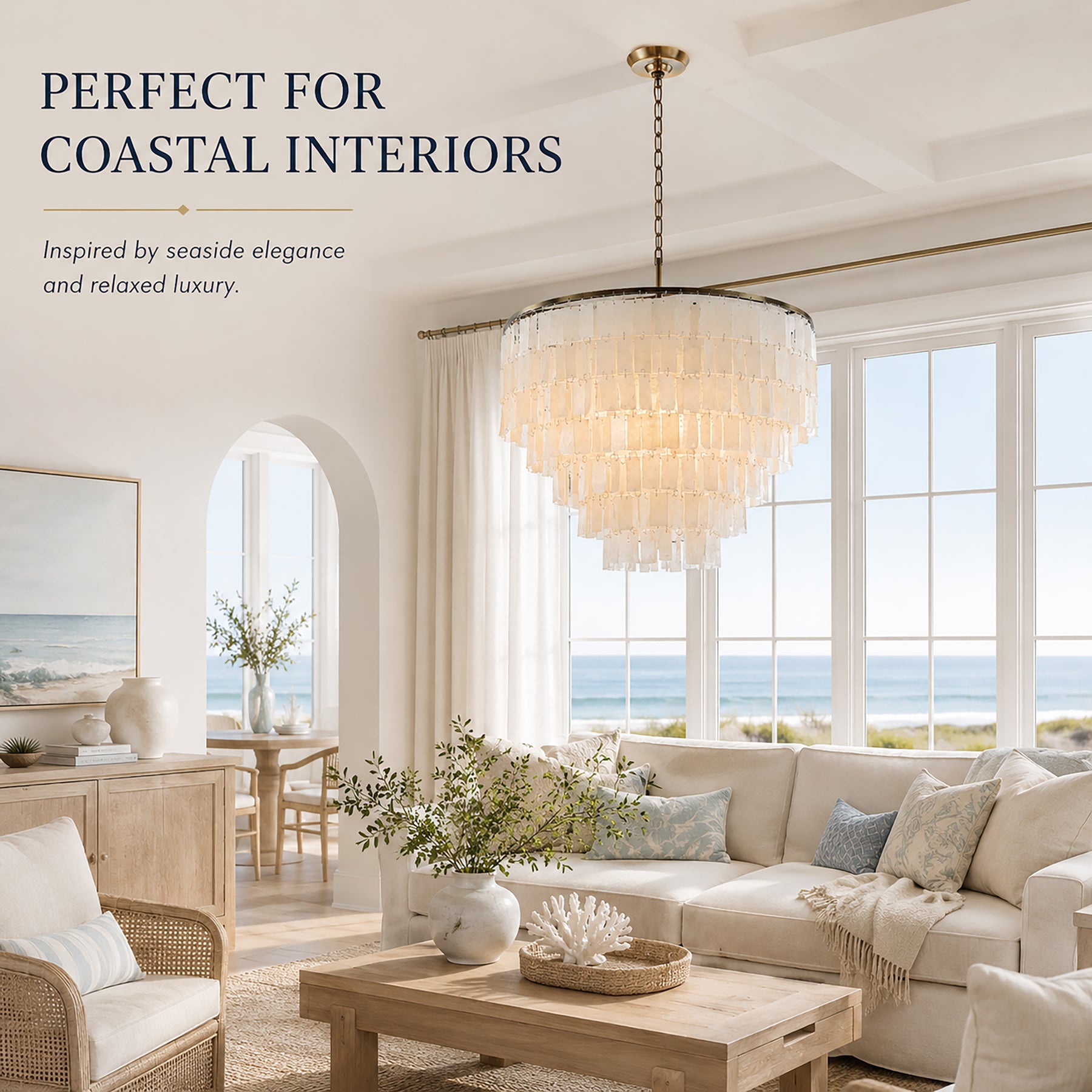 6-Light 23.6" 5-Tier Elegant Coastal Capiz Chandelier In Bronze Farmhouse Natural Seashell Light Fixtures For Dining Room